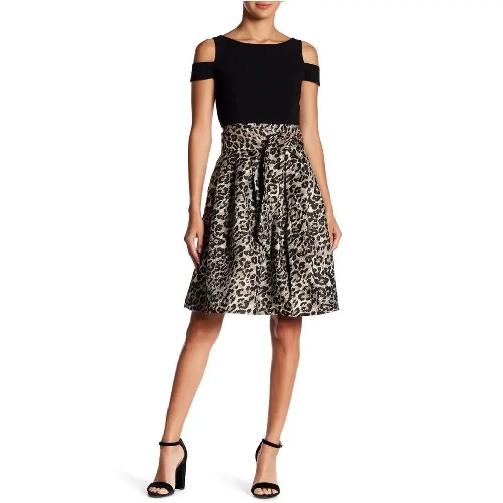 Eliza J Cocktail Dress Women 8 Black Metallic Leopard Cold Shoulder